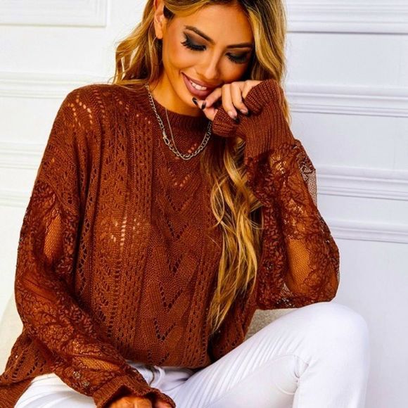 NWT! CONTRAST LACE POINTELLE KNIT DROP SHOULDER SWEATER IN RUST! - Picture 10 of 12